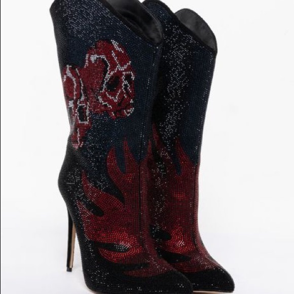 Doll Kills Sexy Red and Black Rhinestone Knee High Heel Cowboy Boots - Picture 4 of 6